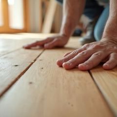 Hands inspecting wooden flooring in a partially finished interior space.