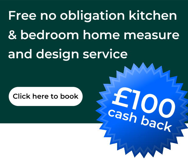 Promotional announcement for a free home measure and design service with £100 cashback offer.