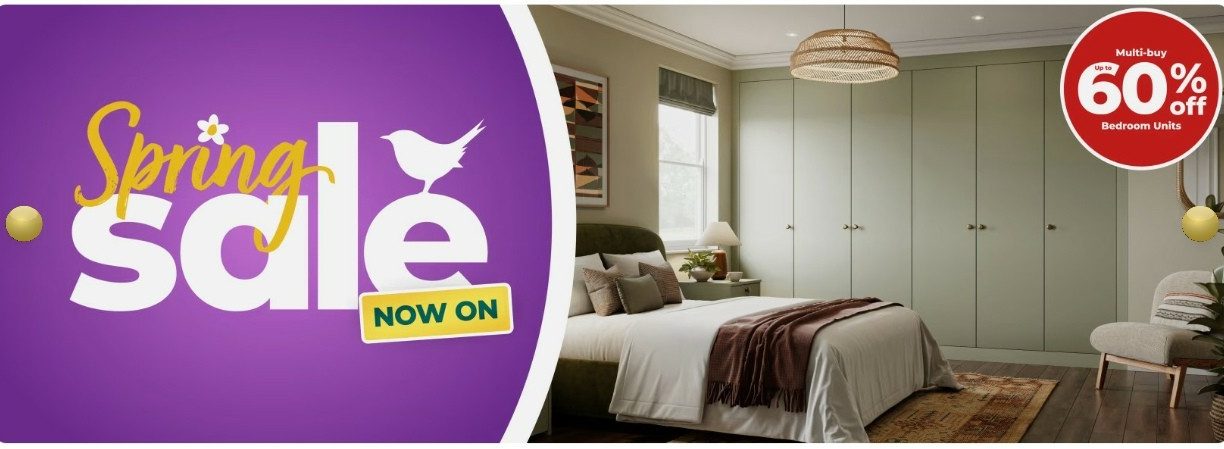 Wren Kitchens & Bathrooms Text: "Spring sale with 60% off, featuring a stylish bedroom interior."