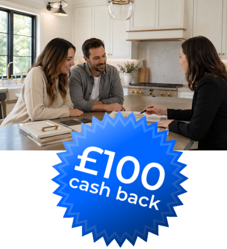 Book an appointment A couple discusses finances with a consultant in a modern kitchen setting. £100 cash back offer.