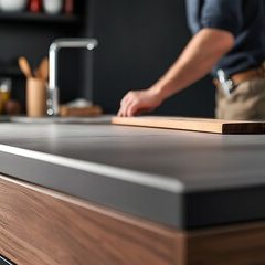 Hand placing a wooden board on a modern kitchen countertop.