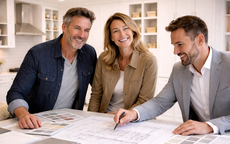 A man and a woman smile while reviewing plans with a man in a suit.