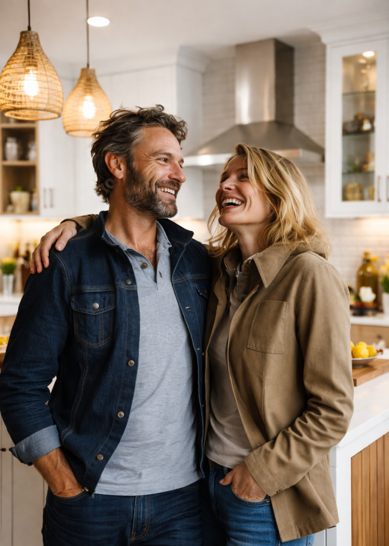 Smiling couple stand close together in a warmly lit kitchen.