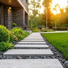 Stone pathway bordered by pebbles, leading through lush green grass and plants.