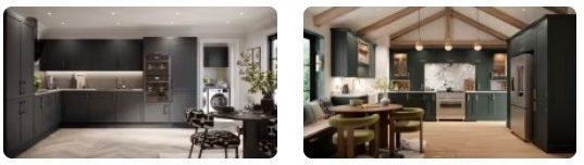 Modern kitchen design featuring dark cabinetry and a spacious dining area with a rustic ceiling.