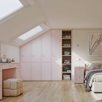 Bright, modern bedroom with pink cabinetry, a desk, and a single bed against a light wall.