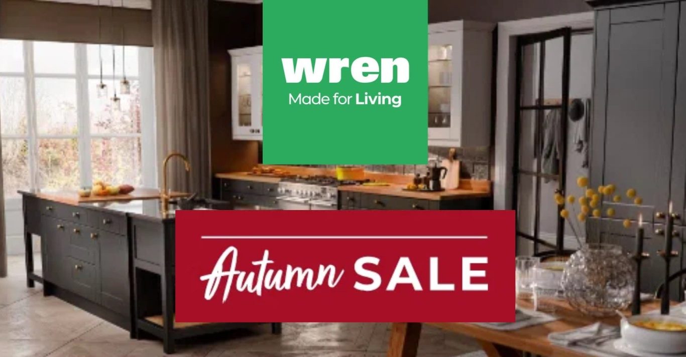 Wren Kitchens & Bathrooms Text: "Spring sale with 60% off, featuring a stylish bedroom interior."